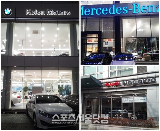 2일 자동차 업계에 따르면 강남구의 신규등록 차량의 80%가 수입차인 것으로 알려졌다. 사진은 서울 강남구에 있는 BMW(왼쪽), 메르세데스-벤츠(오른쪽 위), 아우디 전시장. /신진환 기자