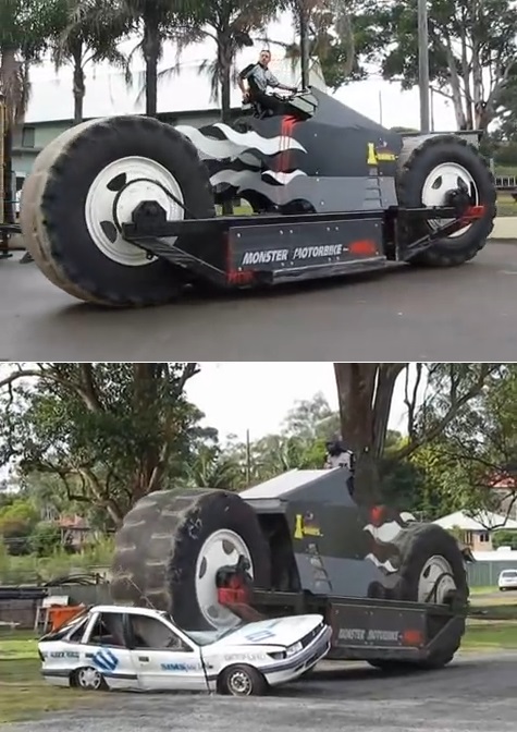 최근 유튜브에 괴물 바이크라는 제목의 영상이 올라왔다. 이 오토바이는 자동차를 종이처럼 구겨버리는 힘을 가졌다. /유튜브 영상 캡처