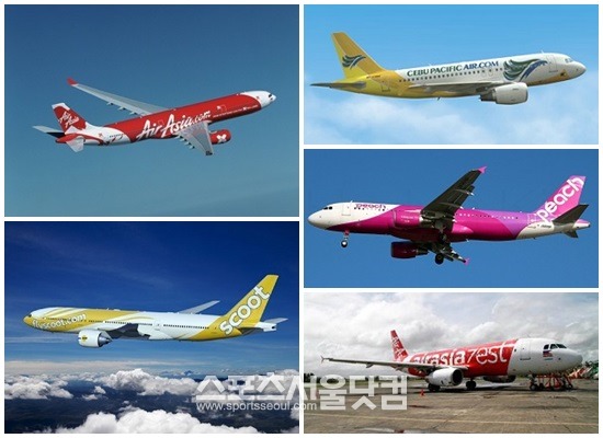 바닐라에어의 신규 취항으로 인해 현재 국내에서 취항한 저비용항공사는 7곳으로 늘어났다. 사진은(왼쪽 위부터 시계방향)국내에서 취항하고 있는 에어아시아엑스, 세부퍼시픽, 피치항공, 에어아시아제스트, 스쿠트항공.