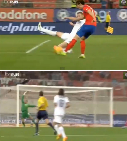 손흥민이 6일 오전(한국 시각) 아테네 카라이스카키 스타디움에서 열린 그리스와 평가전에서 1-0으로 앞서던 후반 10분 승부의 쐐기를 박는 추가골을 터뜨리고 있다. / 유튜브 영상 캡처