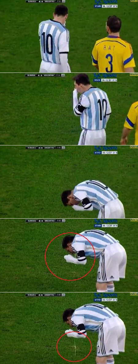 리오넬 메시가 6일 루마니아 부카레스트에서 열린 루마니아와 친선 경기에서 전반 7분에 구토를 하고 있다. / 유튜브 영상 캡처
