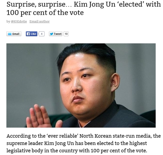 아일랜드 남성잡지 JOE IT은 11일(현지시각) 김정은 북한 국방위원회 제1위원장이 10일 남한의 국회의원격인 최고인민회의 대의원에 선출된 것에 대해 놀랍다고 보도했다. /JOE IT 홈페이지 캡처