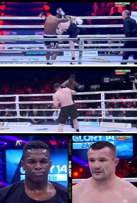 미르코 크로캅(39·오른쪽)과 레미 본야스키(38)가 8일 입식 타격 대회 GLORY 14 메인이벤트에서 멋진 대결을 펼치고 있다. / 유튜브 영상 캡처