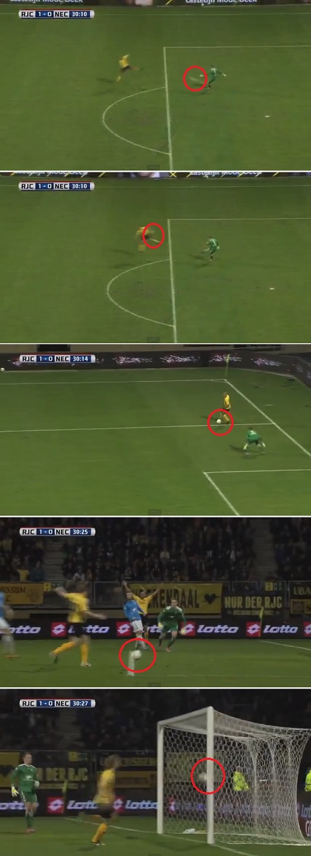 NEC 네이메헌의 수문장 칼 존슨이 9일 열린 2013~2014시즌 네덜란드 에레디비지에 27라운드 로다 JC와 원정 경기에서 결정적인 실책으로 실점하고 있다. / 유튜브 영상 캡처