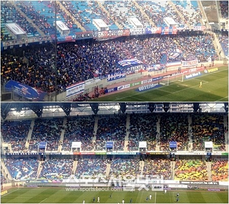 수원월드컵경기장 N석(위)과 E석에는 많은 관중이 자리했다. / 수원월드컵경기장 = 이성노 기자