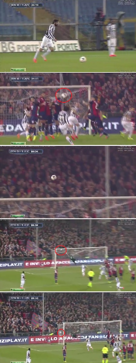 유벤투스 미드필더인 안드레아 피를로가 17일 이탈리아 제노아의 루이지 페라리스에서 열린 2013~2014시즌 이탈리아 세리에 A 28라운드 제노아 CFC와 원정 경기에서 프리킥으로 골을 터뜨리고 있다. / 유튜브 영상 캡처