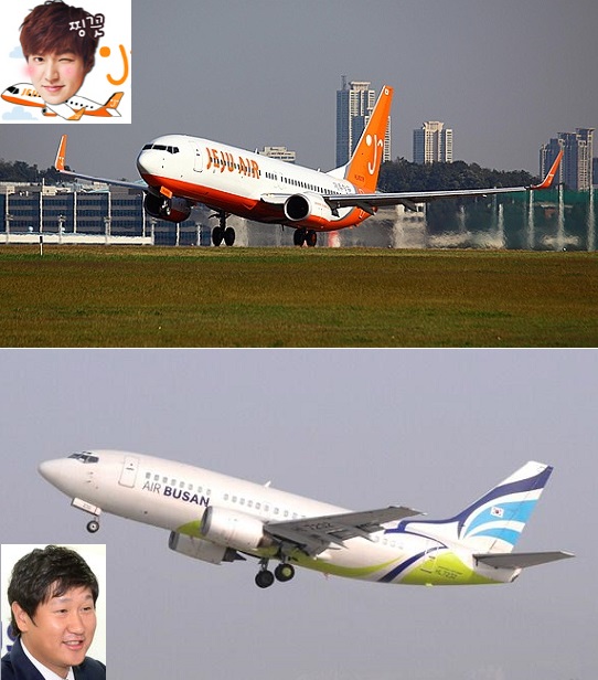 제주항공과 에어부산은 각각 배우 이민호(위)와 야구 선수 이대호를 홍보모델로 선정해 브랜드 가치를 끌어올리고 있다.