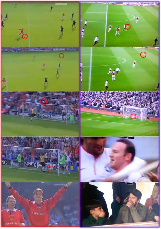 베컴은 1996년 8월 윔블던 FC와 경기에서 60m 장거리골(왼쪽)을 터뜨렸다. 18년 만에 루니가 베컴의 장거리포와 매우 비슷한 하프라인 묘기골을 터뜨렸다. /유튜브 캡처