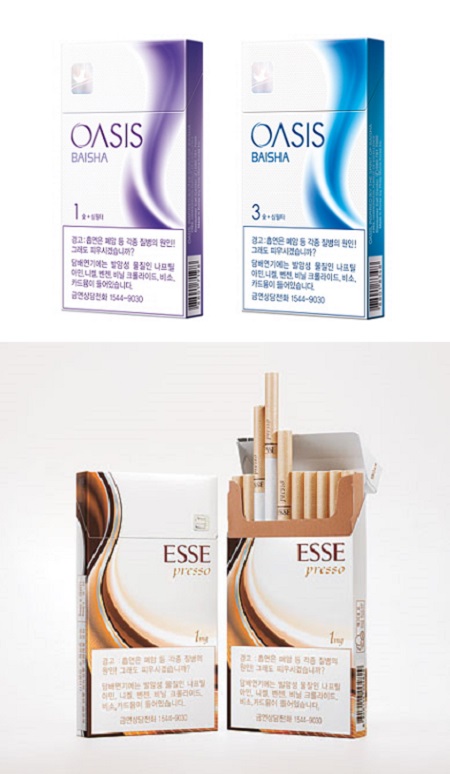 필립모리스가 최근 출시한 오아시스 리뉴얼 패키지(위쪽)의 디자인이 KT&G의 초슬림 담배 에쎄 프레쏘의 디자인을 모방한 것 아니냐는 의혹이 제기되고 있다. / 사진 = KT&G, 한국필립모리스 제공