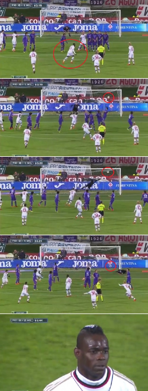 마리오 발로텔리가 26일 아르테미오 프란키에서 열린 2013~2014시즌 이탈리아 세리에 A 30라운드 ACF 피오렌티나와 원정 경기에서 1-0으로 앞선 후반 19분 프리킥으로 추가골을 넣고 무덤덤한 표정을 짓고 있다. / 유튜브 영상 캡처