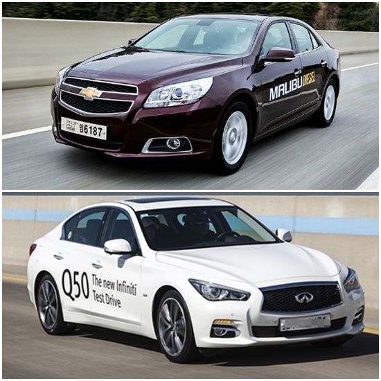 한국지엠 말리부 디젤은 출시 1주일 만에 2000대 넘게 계약됐으며, 인피니티 Q50은 지난달에 218대 팔렸다./한국지엠, 인피니티 제공