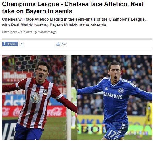 2013~2014시즌 유럽축구연맹 챔피언스리그 4강은 레알 마드리드-바이에른 뮌헨과 아틀레티코 마드리드-첼시의 대결로 펼쳐지게 됐다. / 유로스포트 홈페이지 캡처