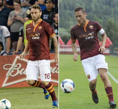 AS 로마가 자랑하는 데-토 콤비 데 로시(왼쪽)와 토티가 13일 열린 아탈란타전에서 3-1 승리에 결정적인 구실을 했다. /출처=AS 로마 홈페이지(www.asroma.it)