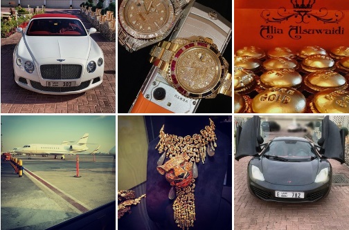 두바이 공주로 알려진 알리아 알 수와이디의 인스타그램을 보면 금과 보석, 전용기, 최고급 자동차 등 일반인이 쉽게 볼 수 업는 사진들로 가득하다. /알리아 알 수와이디 인스타그램 캡처