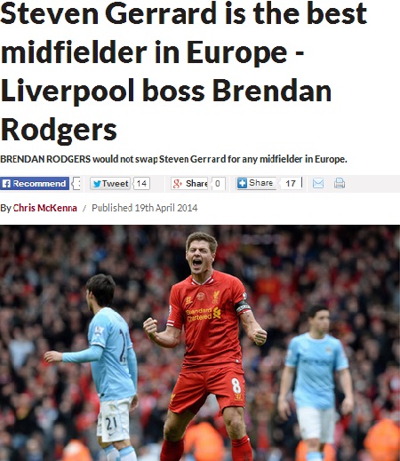 브랜든 로저스 리버풀 감독이 팀 주축 미드필더 스티븐 제라드를 칭찬했다고 19일 영국 매체 데일리 스타가 보도했다. / 데일리 스타 캡처
