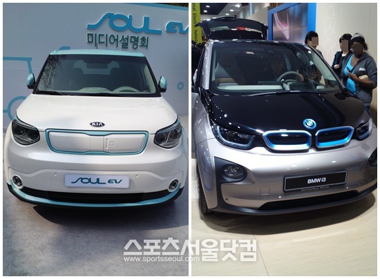 전기자동차인 기아차의 쏘울EV(왼쪽)와 BMW의 i3가 국내 자동차 시장에서 대격돌한다 /신진환 기자