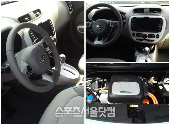 쏘울EV의 실내와 엔진룸. 쏘울EV의 실내는 다소 단순한 느낌이다.