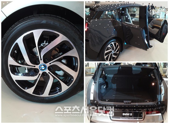 BMW i3는 신소재인 탄소섬유강화플라스틱을 사용해 배터리 소모를 줄이고 안전성을 크게 향상했다. 또 많은 짐을 실을 수 있는 트렁크가 있다.