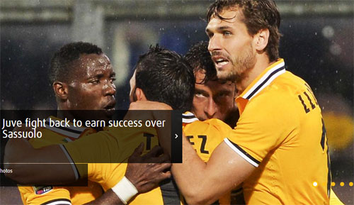 유벤투스가 29일(한국 시각) 사수올로 알베르토 브라글리아 스타디움에서 열린 2013~2014시즌 이탈리아 세리에A 35라운드 사수올로와 원정 경기에서 3-1로 이기고 우승에 단 1승만을 남겨뒀다. / 유벤투스 홈페이지