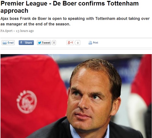 30일 유럽스포츠전문매체 유로스포트에 따르면 프랑크 데 보어 아약스 감독이 토트넘의 관심을 인정했다. / 유로스포트 홈페이지 캡처