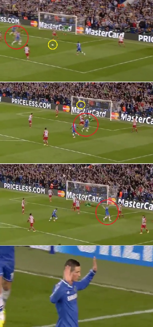 첼시 공격수 페르난도 토레스가 1일 런던 스탬포드 브릿지에서 열린 챔피언스리그 4강 2차전 아틀레티코와 홈 경기에서 전반 36분 선제골을 넣은 뒤 두 손을 들어 올리며 세리머니를 하지 않겠다는 행동을 하고 있다. / 유튜브 영상 캡처