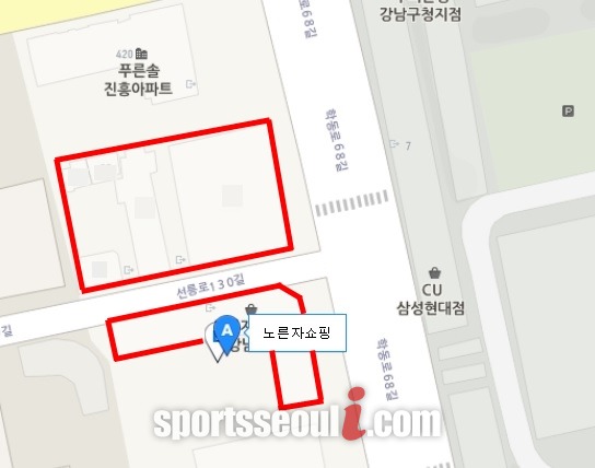 노른자쇼핑이 자리 잡은 강남구 삼성동 상가 일대는 유병언 타운을 방불케 할 정도로 몇몇 개인소유 상점을 제외하면 모두 구원파 소유인 것으로 알려졌다. 유 전 회장 일가는 빨간색으로 표시한 부분을 하나씩 사들여 타운을 형성하고 있다./네이버 지도 캡처 편집