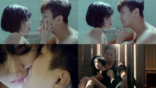 가인(왼쪽)과 주지훈이 가인의 세 번째 솔로 앨범의 선 공개곡 FXXk U 뮤직비디오에서 농도 짙은 애정 신을 촬영했고 이는 두 사람이 연인으로 발전하는 계기가 됐다. /가인 뮤직비디오 캡처