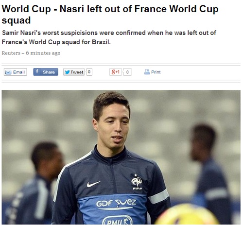 사미르 나스리가 14일 발표된 프랑스 대표팀의 2014 브라질월드컵 최종 명단에 이름을 올리지 못했다. / 유로스포트 홈페이지 캡처