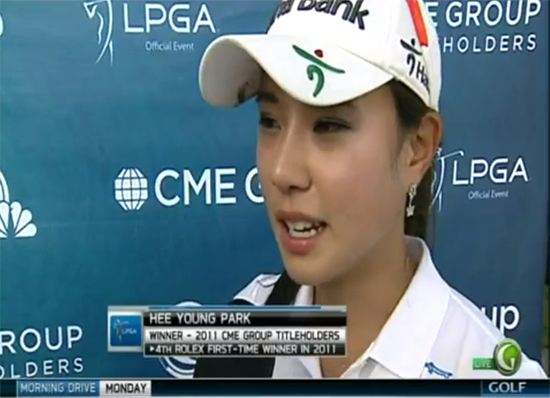 박희영이 LPGA 투어 킹스밀 챔피언십 3라운드에서 단독 2위에 자리하며 19일 열린 대회 마지막 날 역전 우승을 노렸다. 하지만 이날 박희영은 8오버파 79타로 부진해 공동 29위로 추락했다. / LPGA 투어 영상 캡처