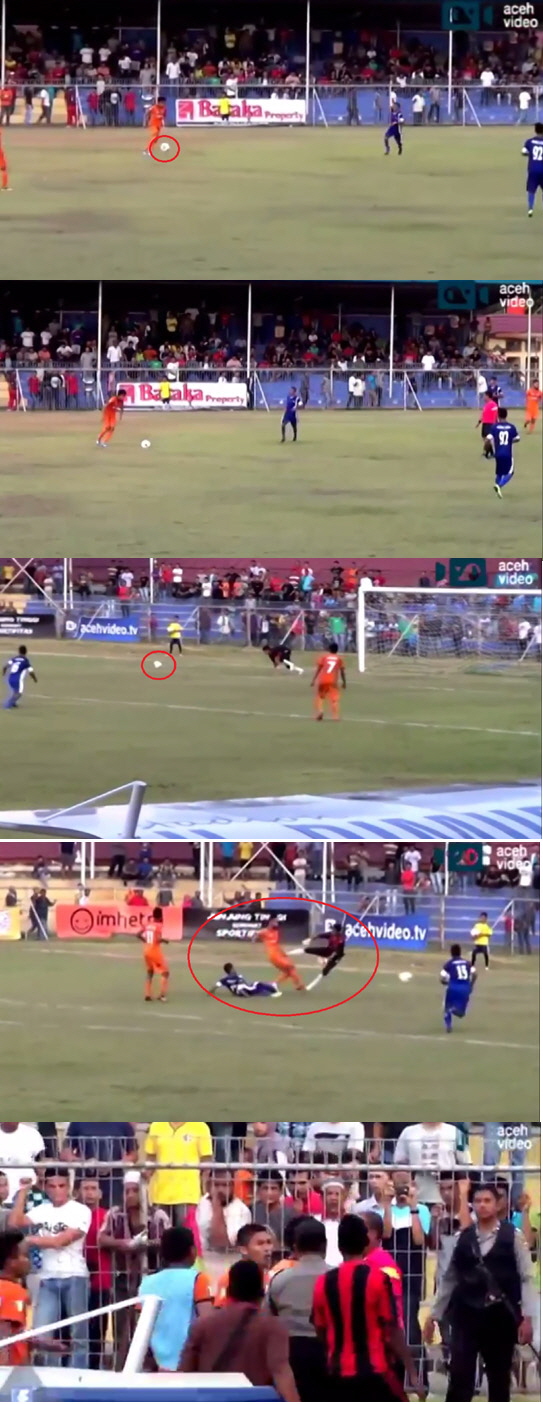인도네시아의 한 축구 경기 도중 골키퍼의 태클을 받은 선수가 결국 숨지는 사고가 발생했다. / 유튜브 영상 캡처