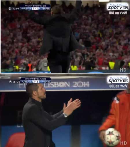 시메오네 감독은 레알 마드리드와 챔피언스리그 결승전에서 경기 끝까지 냉정함을 유지했다. 아틀레티코가 동점골(위)을 내주자 팬들의 응원을 부탁했고, 쐐기골을 얻어맞자 박수를 치며 선수들에게 고마움을 표시했다. /스포티비 영상 캡처
