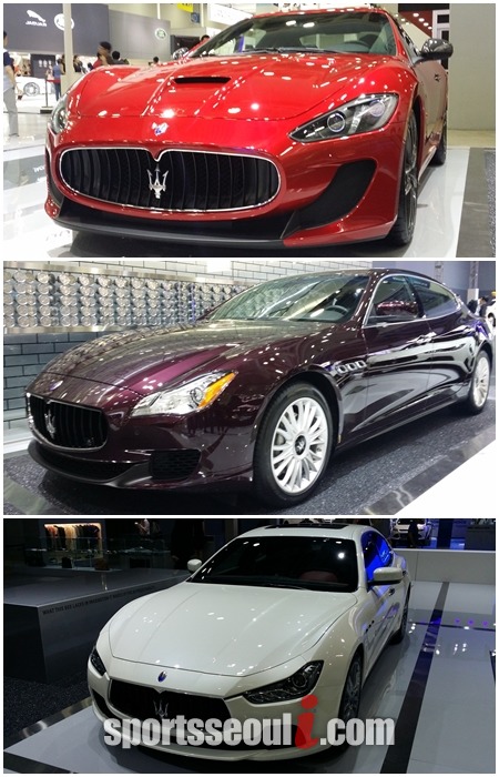 마세라티가 2014 부산 모터쇼에서 100주년 기념 리미티드 모델 그란투리스모 MC 스트라달레 센테니얼 에디션을 비롯해 아시아 프리미어 콰트로포르테 디젤, 기블리 디젤(위쪽부터)을 출품했다./부산=황준성 기자