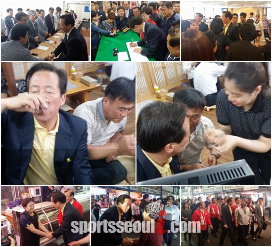 27일 정 후보의 대부분의 유세 장소에서는 50~60대 팬들이 많았다. 송파구 교통회관에서 열린 서울개인택시조합 창립 44주년 기념식과 중구 우리은행 본점에서 열린 어린이집 연합회 토론회, 성동구 마장시장을 찾은 정 후보. 이날 정 후보가 시민들이 주는 소주 반 잔과 고기쌈을 먹는 진풍경이 연출됐다. /고수정 기자
