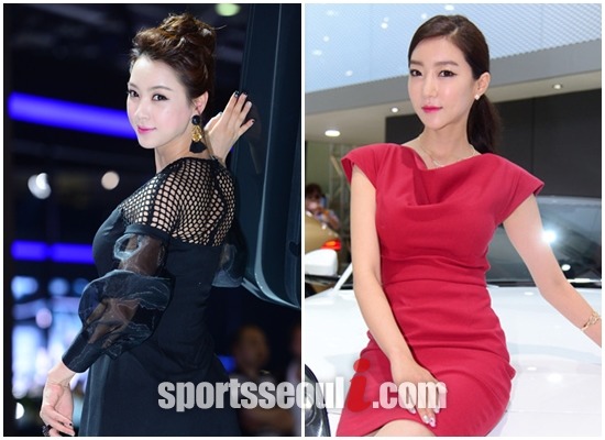 레이싱 모델 주다하(왼쪽)와 권은진이 2014 부산 모터쇼를 찾은 팬들의 시선을 사로잡았다.