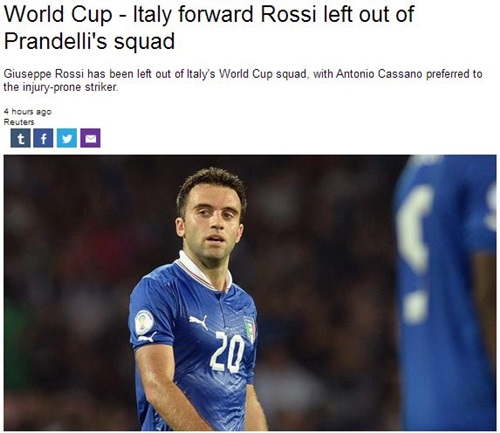 영국 스포츠매체 유로스포트가 2일 2014 브라질 월드컵에 나설 이탈리아 축구대표팀 최종 엔트리 23명을 밝힌 가운데 쥐세페 로시가 제외됐다. / 유로스포트 캡처