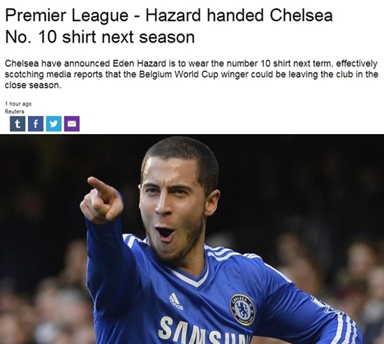 에당 아자르가 다음 시즌부터 등번호 10번을 달고 그라운드를 누빈다. / 유로스포트 캡처