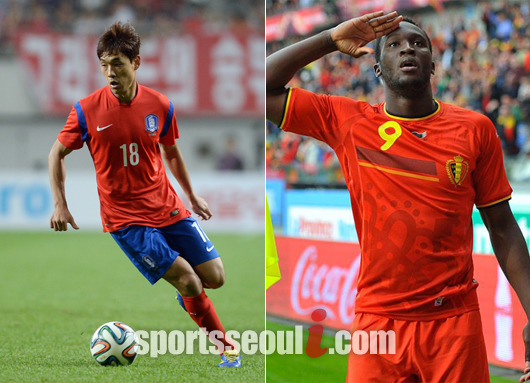 박주영(왼쪽)과 로멜루 루카쿠의 A매치 골 기록이 나란히 무산됐다. 박주영이 지난달 28일 열린 튀니지와 친선경기에서 드리블하고 있다. 루카쿠가 지난달 26일 열린 룩셈부르크전에서 전반 23분 골을 터뜨린 후 뒤풀이를 펼치고 있다. / 최진석 기자, 벨기에축구협회 페이스북