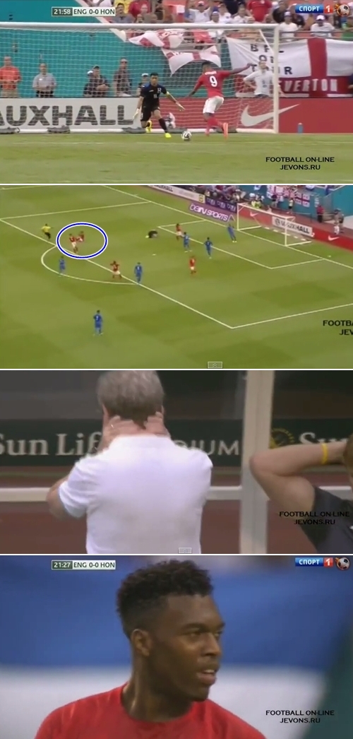 다니엘 스터리지가 8일 온두라스와 평가전에 선발 출전했다. 하지만 번번이 골 기회를 놓쳐 아쉬워하고 있다. / 유튜브 영상 캡처