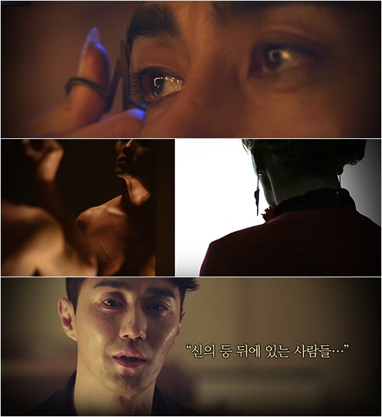 차승원은 지욱을 연기하면서 남성스러운 자신의 눈썹을 밀고 대신 긴 속눈썹을 붙였다./영화 하이힐 스틸, 네이버 영화 하이힐 예고 스틸