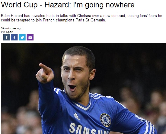 에당 아자르가 10일 첼시에 잔류하겠다는 뜻을 밝혔다. / 유로스포트 홈페이지 캡처