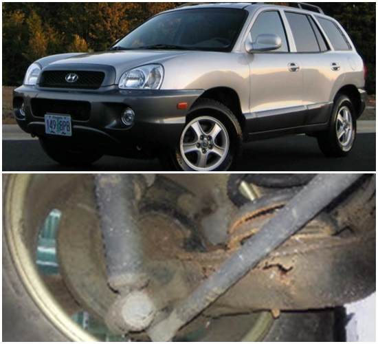 현대자동차는 트레일링 암에 부식이 발견된 구형 싼타페를 20일부터 1년간 자발적 시정 조치를 한다./한국소비자원 제공