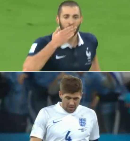 프랑스와 잉글랜드가 2014 브라질 월드컵 조별리그 첫 두 경기에서 2승과 2패로 희비가 엇갈렸다. 프랑스의 골잡이 벤제마(위)가 16일 온두라스와 경기에서 골을 넣고 기뻐하고 있고, 잉글랜드의 미드필더 제라드가 20일 우루과이전에서 결승골을 내준 뒤 고개를 숙이고 있다. /유튜브 영상 캡처