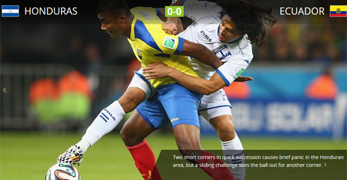 에콰도르 오스왈도 민다(왼쪽)가 21일 브라질 월드컵 조별리그 E조 2차전 온두라스전에서 로제르 에스피노자와 공을 다투고 있다. / 국제축구연맹 홈페이지