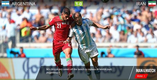 아르헨티나가 22일 2014 브라질 월드컵 F조 2차전에서 경기 종료 직전 터진 리오넬 메시의 골에 힘입어 1-0으로 이겼다. / 국제축구연맹 홈페이지 캡처