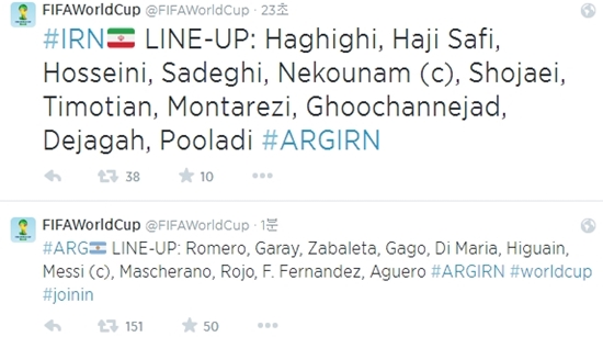 아르헨티나와 이란이 22일 2014 브라질 월드컵 조별리그 F조 2차전을 치를 선발 라인업을 공개했다. / 국제축구연맹 트위터 캡처