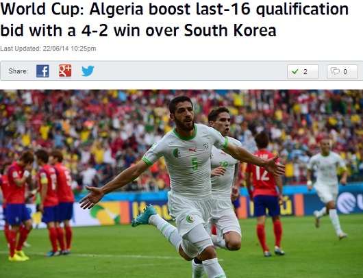 알제리가 23일 오전 포르투 알레그레의 에스타디오 베이라-리우에서 열린 2014 브라질 월드컵 조별리그 H조 2차전 한국과 경기에서 4-2로 이기며 32년 만에 월드컵 본선 승리를 거뒀다. /스카이스포츠 캡처