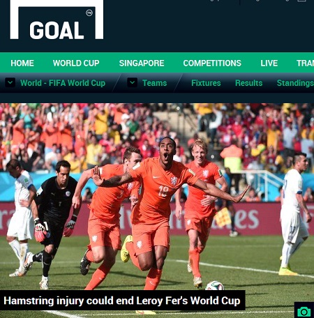 네덜란드 미드필더  르로이 페르가 햄스트링 부상으로 오는 30일 열리는 2014 브라질 월드컵 16강 멕시코전에 출전하지 못한다고 27일 골닷컴이 보도했다. / 골닷컴 홈페이지 캡처