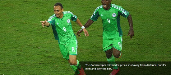 나이지리아의 무사가 26일 2014 브라질 월드컵 조별리그 3차전 아르헨티나와 경기에서 후반 3분 동점골을 터뜨렸다./국제축구연맹 홈페이지 캡처