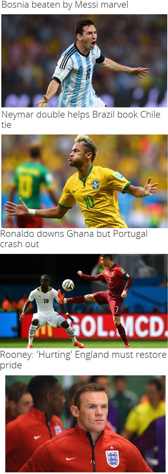 리오넬 메시(가장 위)와 네이마르 다 실바(위에서 두 번째)는 월드컵 대축제를 계속 즐기게 되었고, 크리스티아누 호날두(위에서 세 번째)와 웨인 루니는 씁쓸한 귀국길을 맞이하게 됐다. / 국제축구연맹 홈페이지 캡처