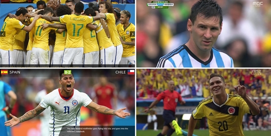 남미 대륙에선 개최국 브라질을 비롯한 5개국이 16강에 오르는 기염을 토했다. 왼쪽부터 브라질 대표팀, 아르헨티나의 리오넬 메시, 콜롬비아의 후안 킨테로, 칠레의 에두아르도 바르가스./브라질 축구협회 홈페이지, MBC 중계화면, KBS 중계화면, 국제축구연맹 홈페이지